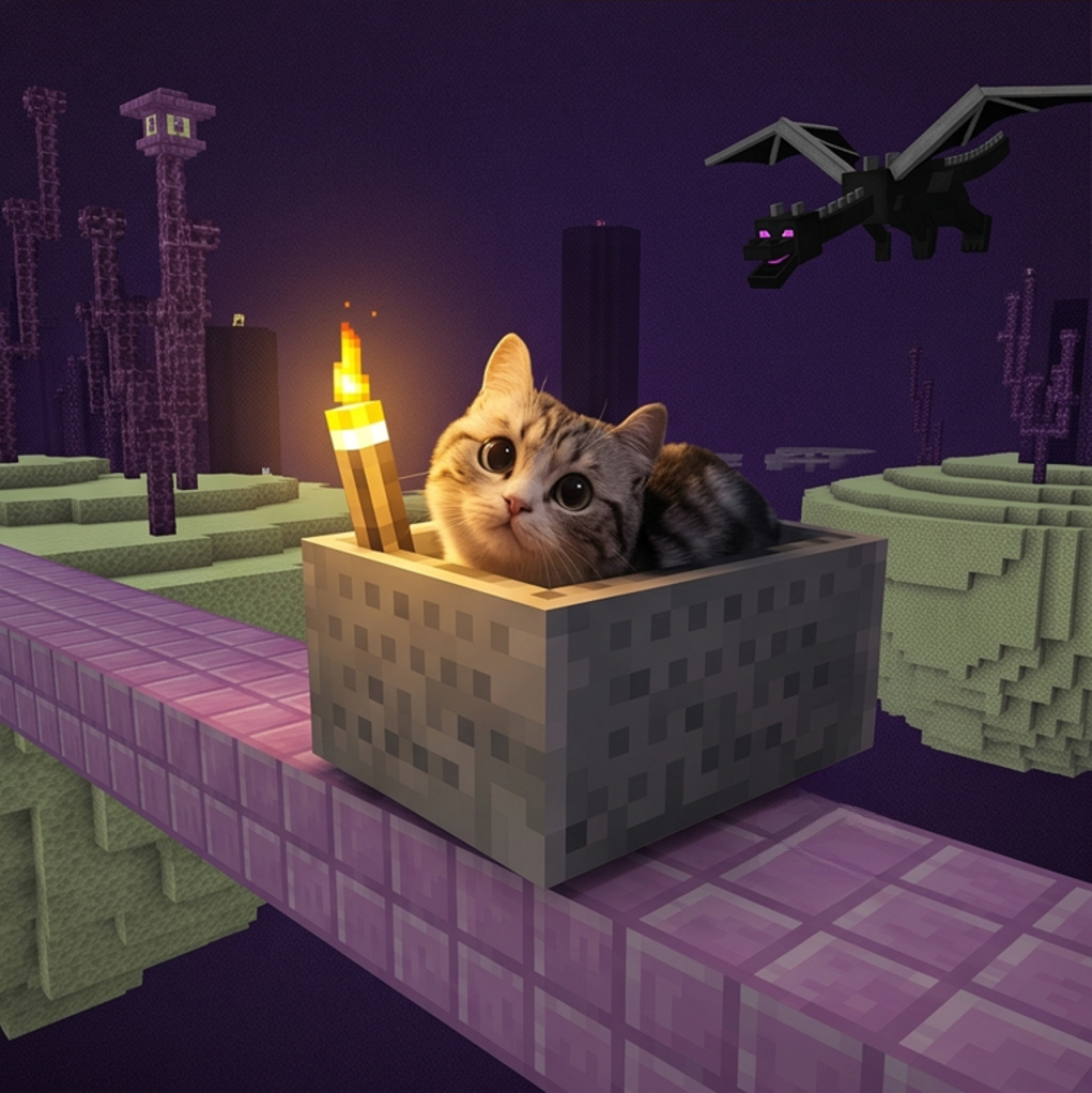 Trolley Cat riding through The End past the dragon